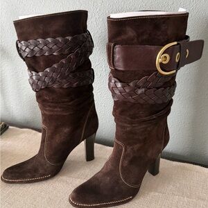 Coach Dark Brown Suede Heeled Boots with Braided Strap.